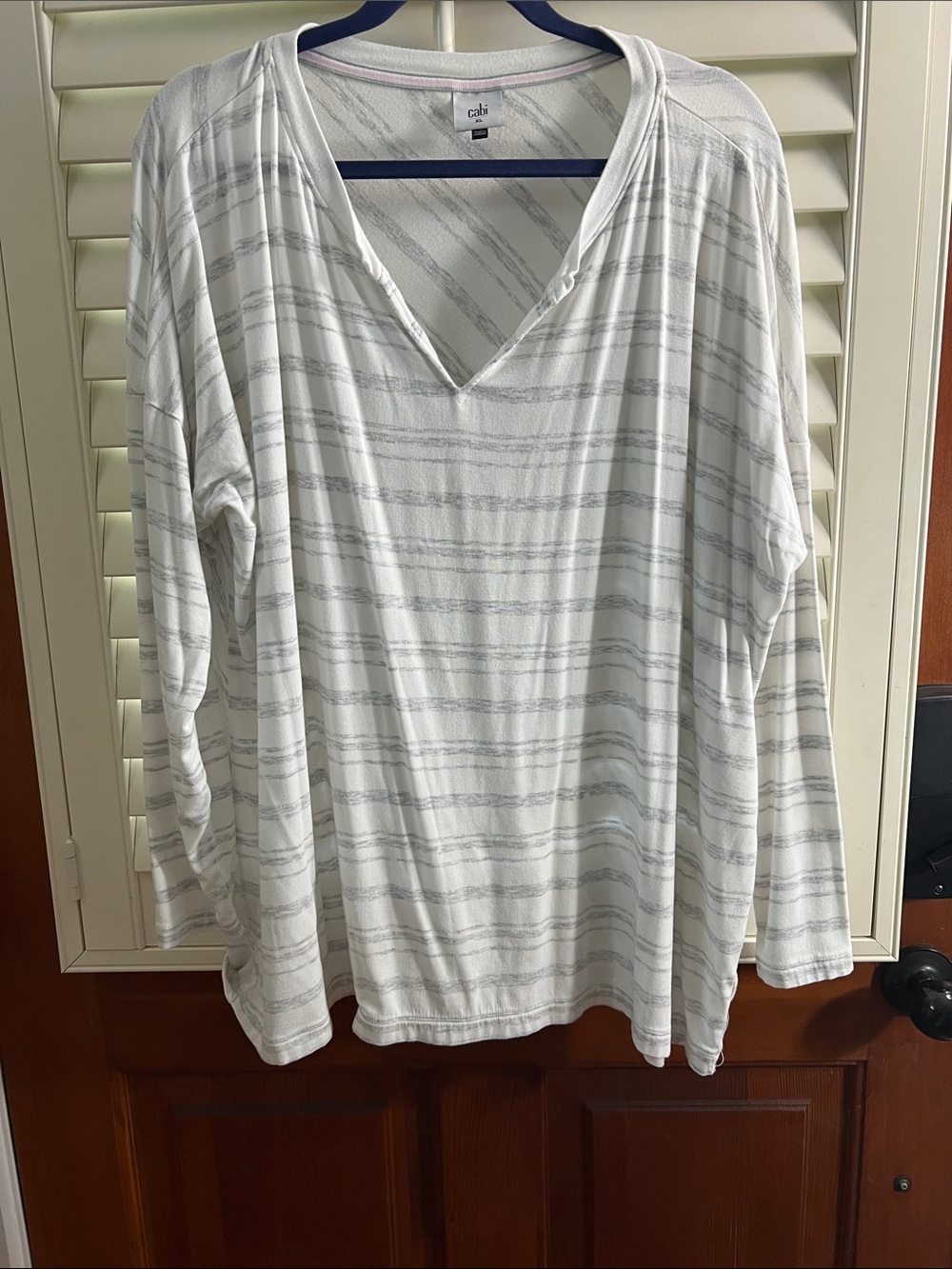 CAbi ATC Habit Tee - White and Light Gray Striped V-Neck Long Sleeve Top